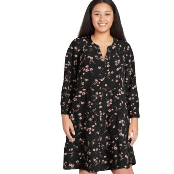 Time and Tru Womens Tiered Mini Babydoll Shift Dress Black Floral Plus 3X New - Picture 1 of 4